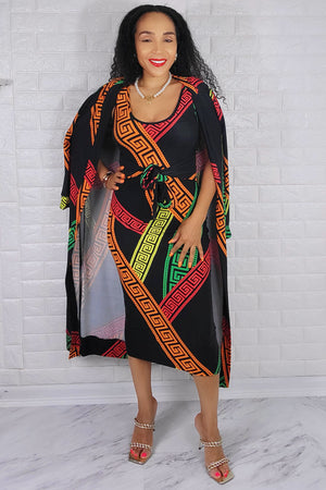 05042022 Green & Orange Multi Print 2 Pc Duster & Dress