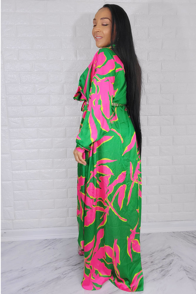 05182022 Green & Pink High Low Oversized Long Sleeve Dress