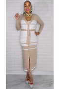 121622 Taupe/White Button Down Ribbon Midi Dress