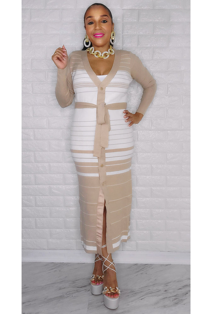 121622 Taupe/White Button Down Ribbon Midi Dress