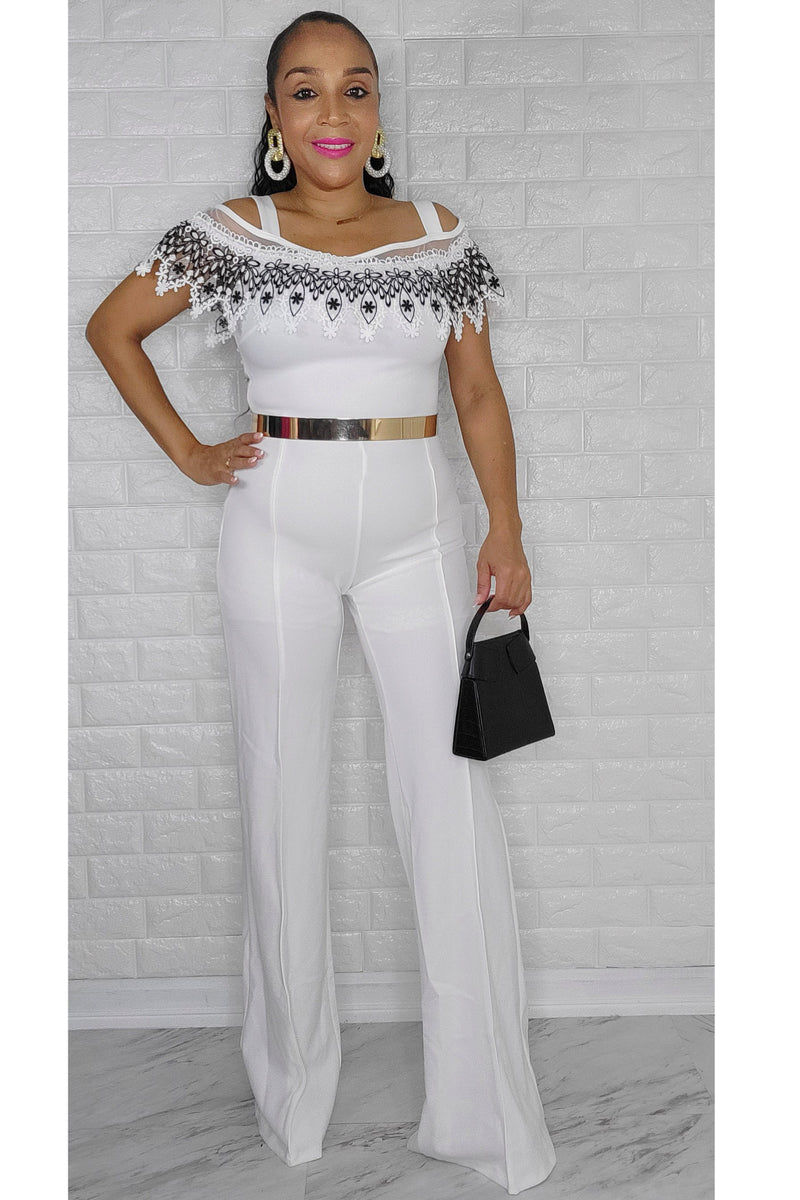 121822 The White With the Black Lace Off the Shoulder Jumpsuit