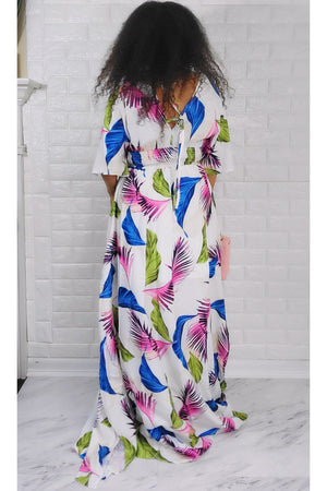 060722 White Multi Colors Kimono sleeve floral maxi dress