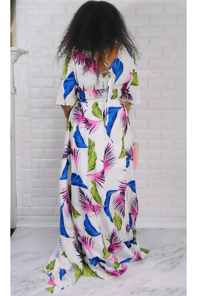 060722 White Multi Colors Kimono sleeve floral maxi dress