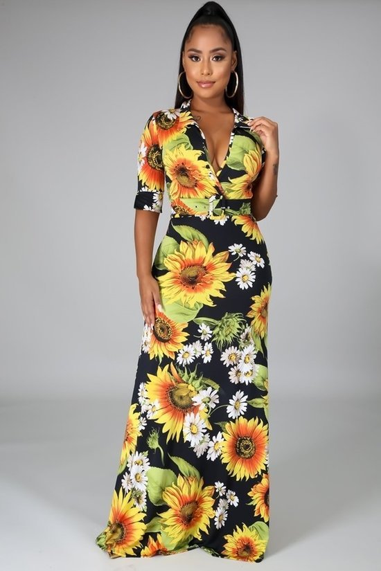 Black Sunflower Maxi Dress w/ Belt