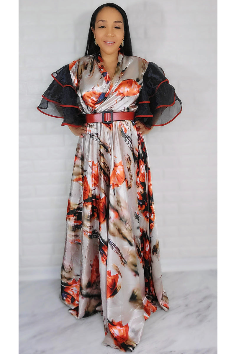 05042022 Chantilly Flowy Style Maxi Dress w Belt  - Orange