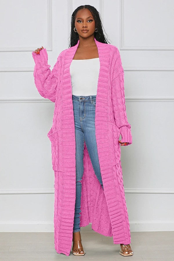 011923 Pink Chunky Cable Knitted Super Long Maxi Cardigan UNIK ELEGANCE