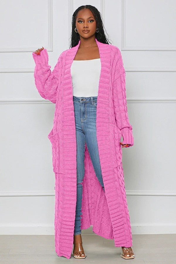 011923 Pink Chunky Cable Knitted Super Long Maxi Cardigan