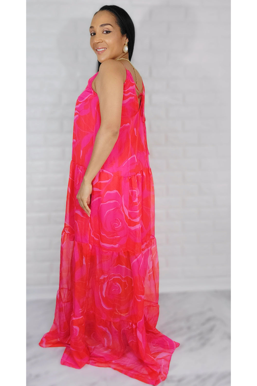 05102022 My Pink Flowers Garden Spaghetti Stripes Maxi Dress