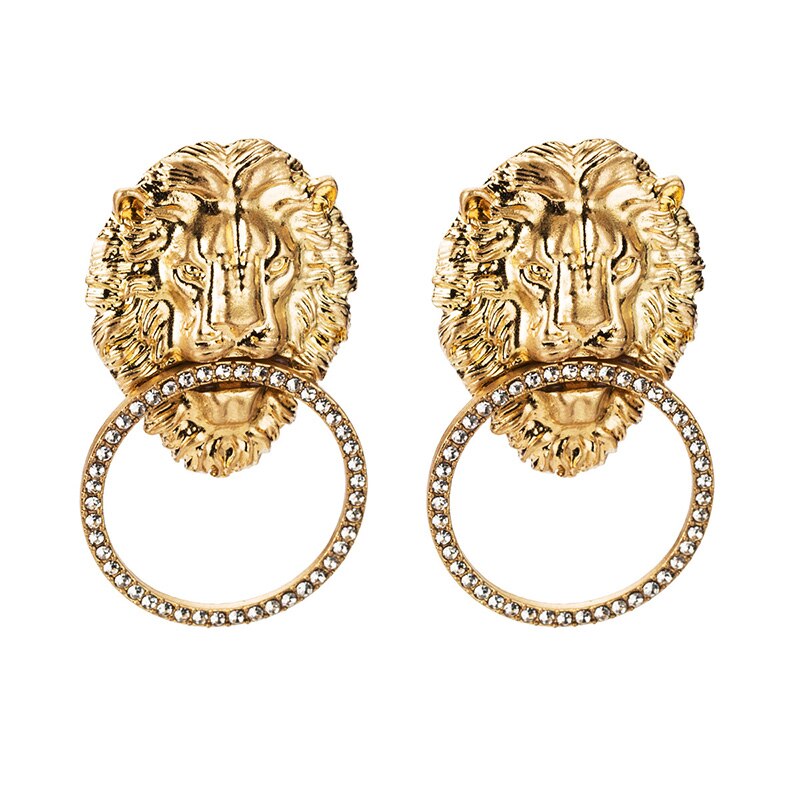 Gold Antique  Lion Head With RHINSTONE Circle  Earrings