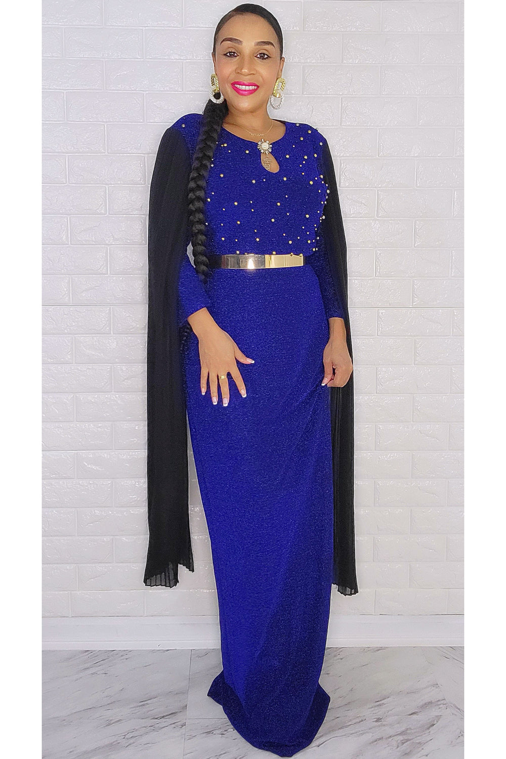 110522 Miss Extra Long Sheer Sleeve Royal Blue Dress