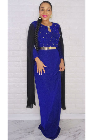 110522 Miss Extra Long Sheer Sleeve Royal Blue Dress