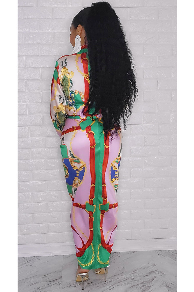 100122 Green Satin Multi Print Midi Dress