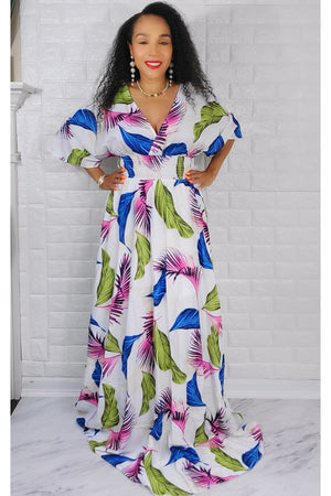 060722 White Multi Colors Kimono sleeve floral maxi dress