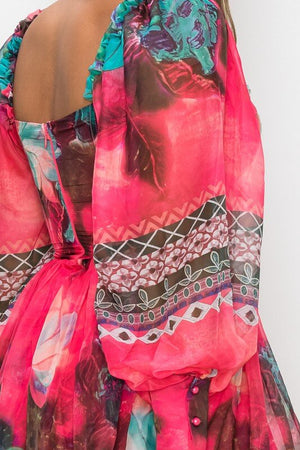 03272022 Pink Floral Print Ballon Long Sleeve Maxi Dress