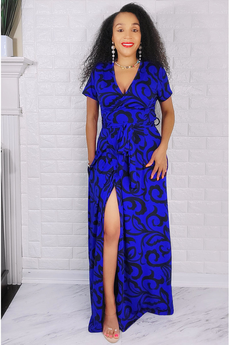 09082021  Royal Blue with Black Print Wrap Maxi Dress