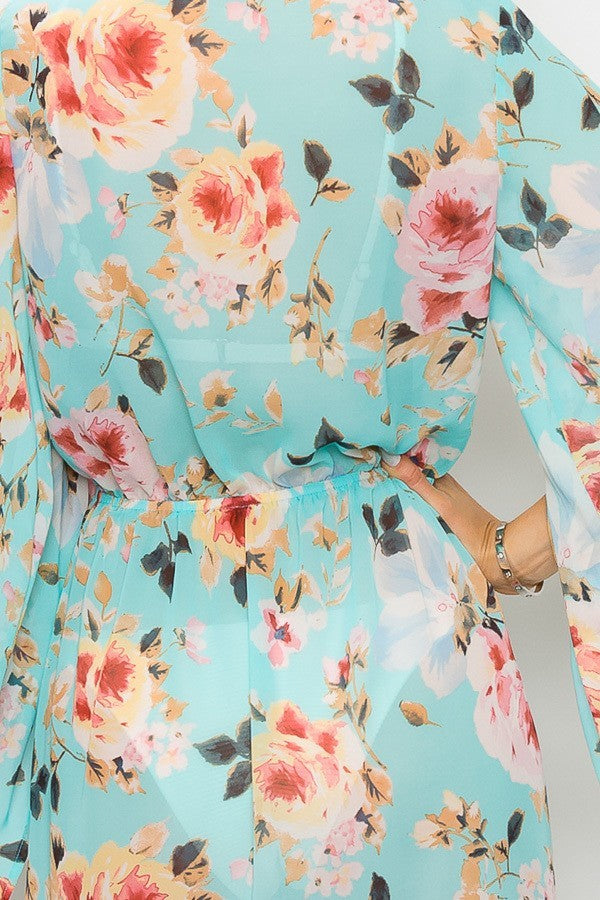 Aqua Floral Print Tie-Front Duster