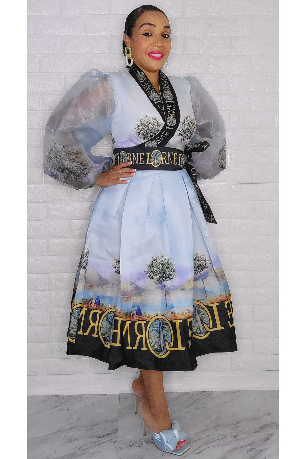 021223 The light Blue French Plain Print Wrap Short Dress