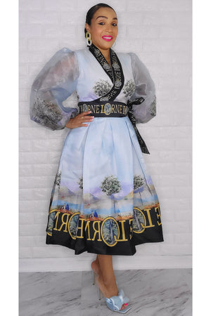 021223 The light Blue French Plain Print Wrap Short Dress