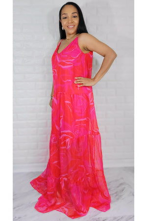 05102022 My Pink Flowers Garden Spaghetti Stripes Maxi Dress