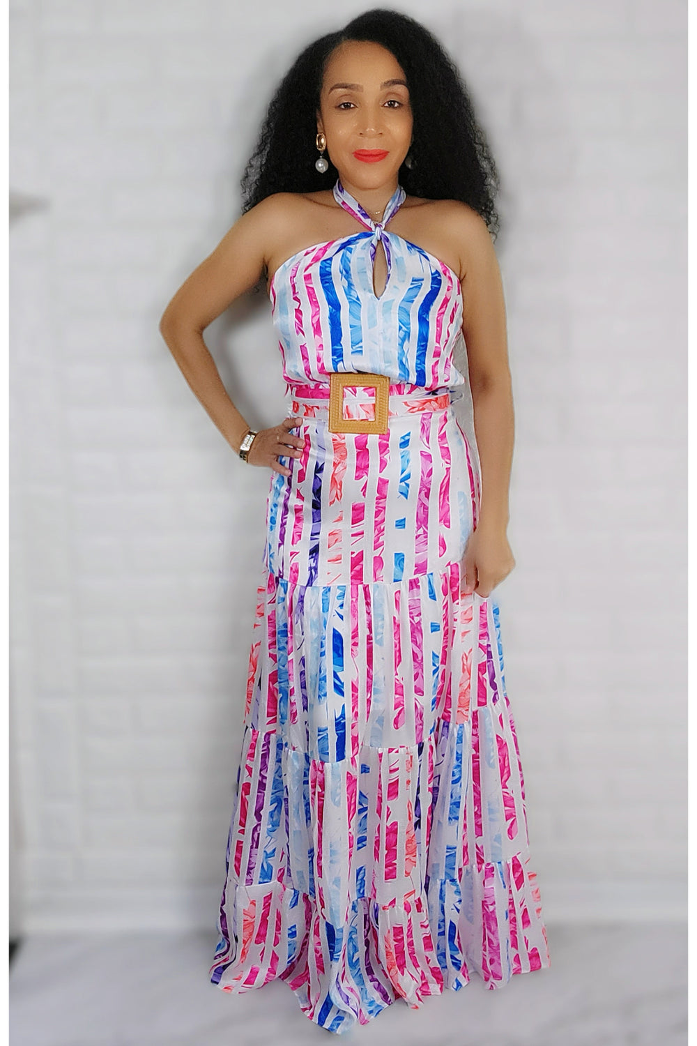 04/26/2022 Blue Multi Color Stripe Printed Maxi Dress