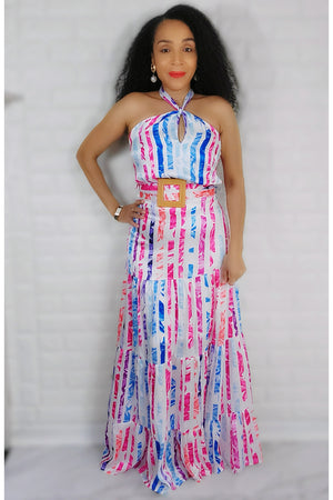 04/26/2022 Blue Multi Color Stripe Printed Maxi Dress