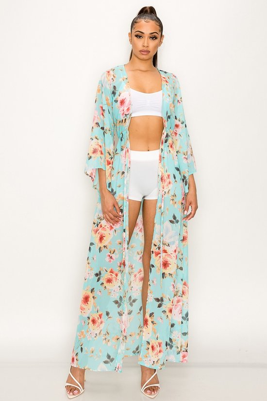 Aqua Floral Print Tie-Front Duster