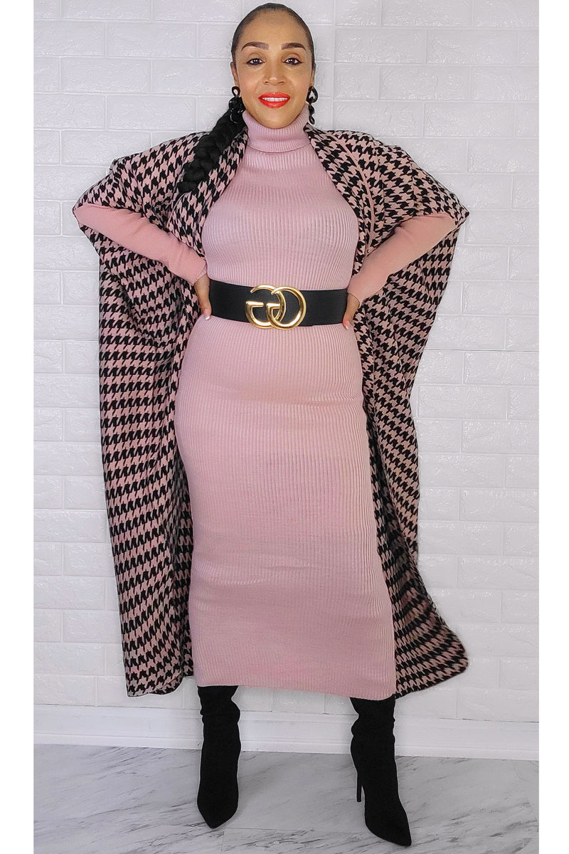 111022  Blush Houndstooth One Size Fit All Dress  Open Cardigan
