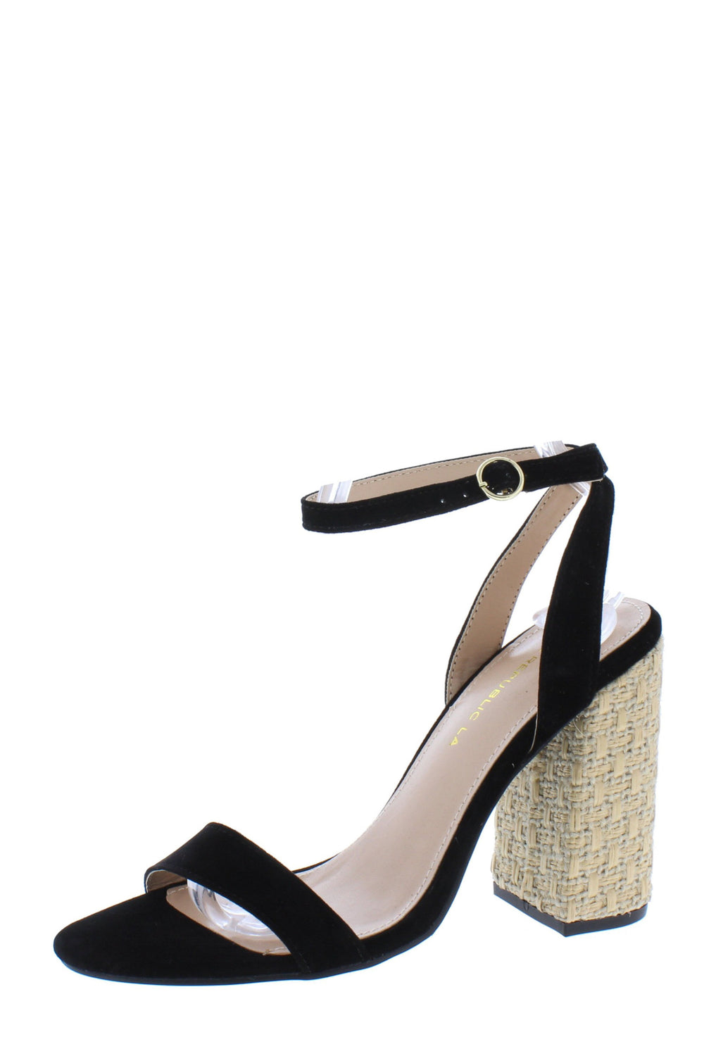 Black Open Toe Ankle Strap Woven Block Heel