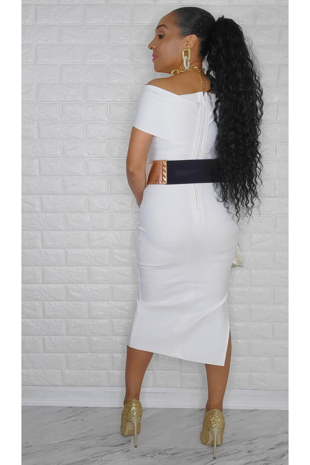 122022 White Off The Shoulder Bandage Dress