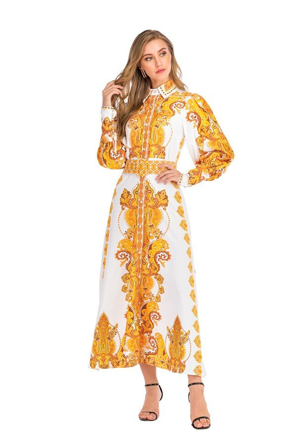 10052021 White & Gold Multi Print Long Sleeves Dress