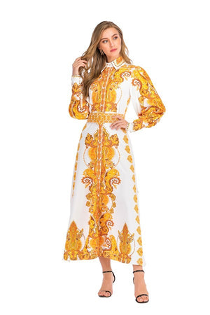 10052021 White & Gold Multi Print Long Sleeves Dress
