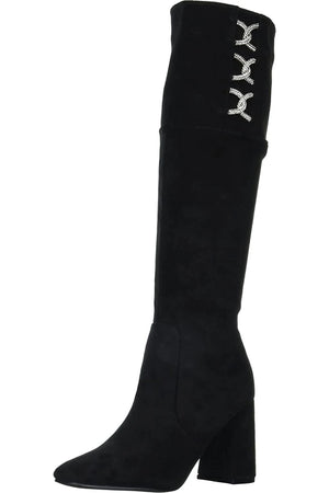 01102022 Black Looped Rhinestone Knee High Boot