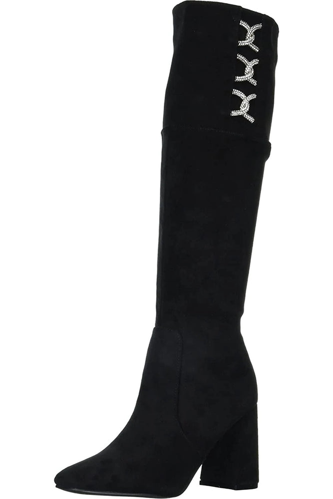 01102022 Black Looped Rhinestone Knee High Boot