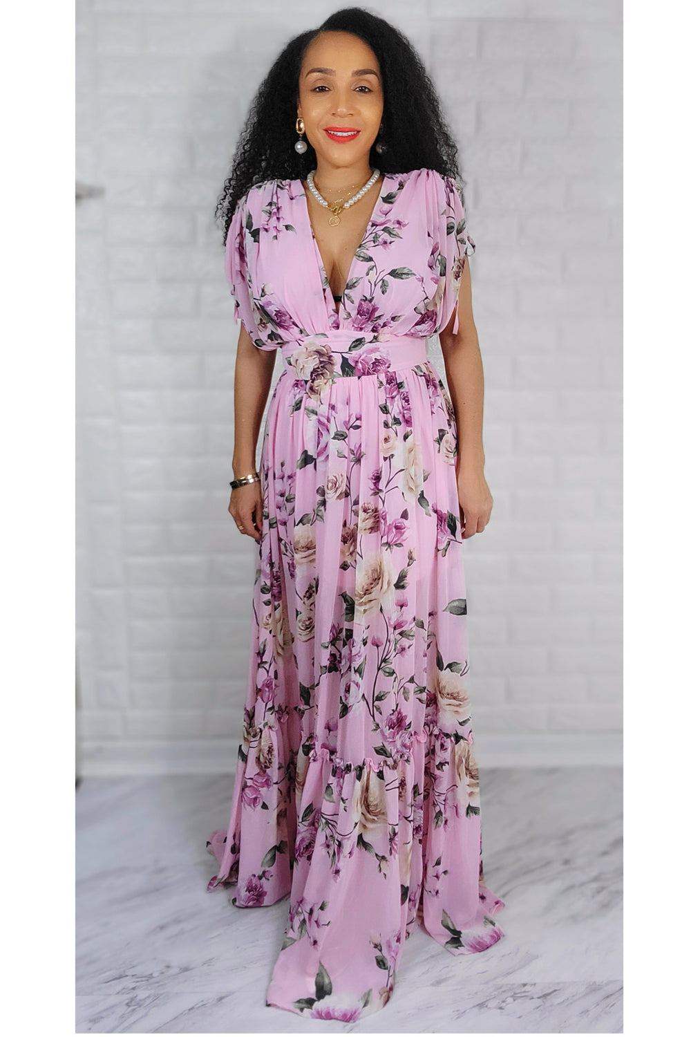 Pink Floral Chiffon Ruched Sleeve Detail V Neck Ruffled Maxi Dress UNIK-ELEGANCE Pink Floral Chiffon Ruched Sleeve Detail V Neck Ruffled Maxi Dress UNIK-ELEGANCE