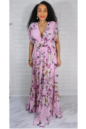 Pink Floral Chiffon Ruched Sleeve Detail V Neck Ruffled Maxi Dress