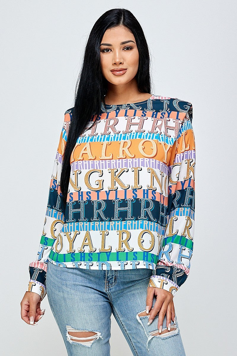 Lettering Printed Round Neck Blouse