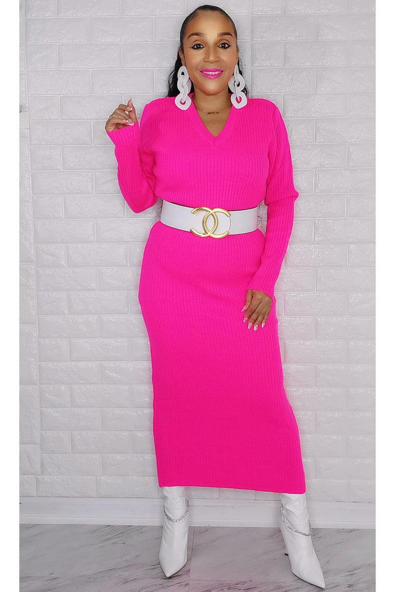121522 Hot Pink Long Sleeve Midi Sweater Dress One Size Fit All