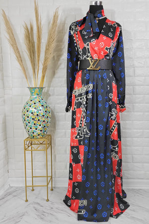 072822 Black Blue Letters Long Sleeve Maxi Dress