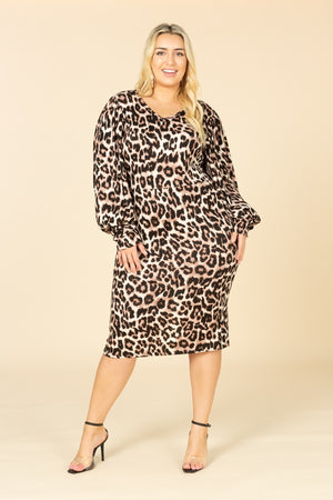 01052022 Brown Long Sleeve Animal MIDI Dress
