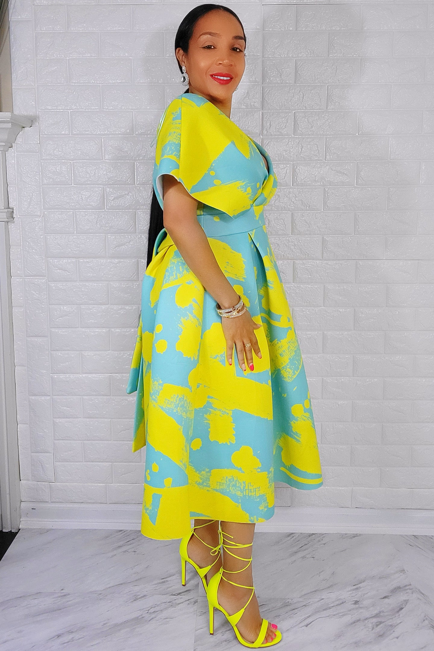 061422 Lady Sonia Neon & Turquoise Print Dress