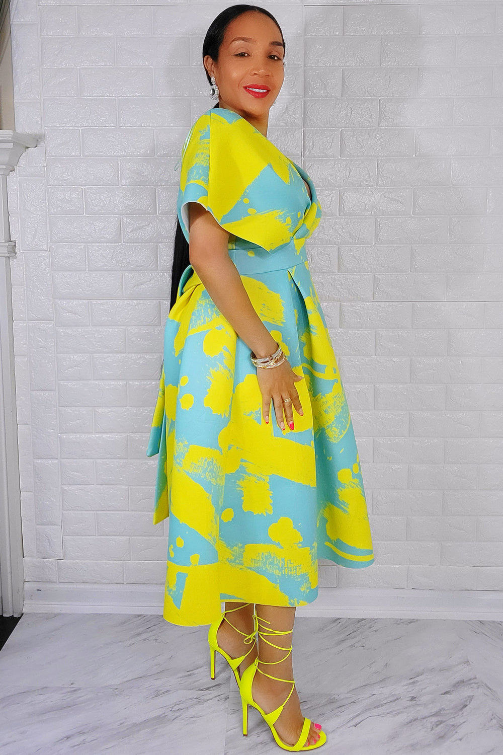 061422 Lady Sonia Neon & Turquoise Print Dress