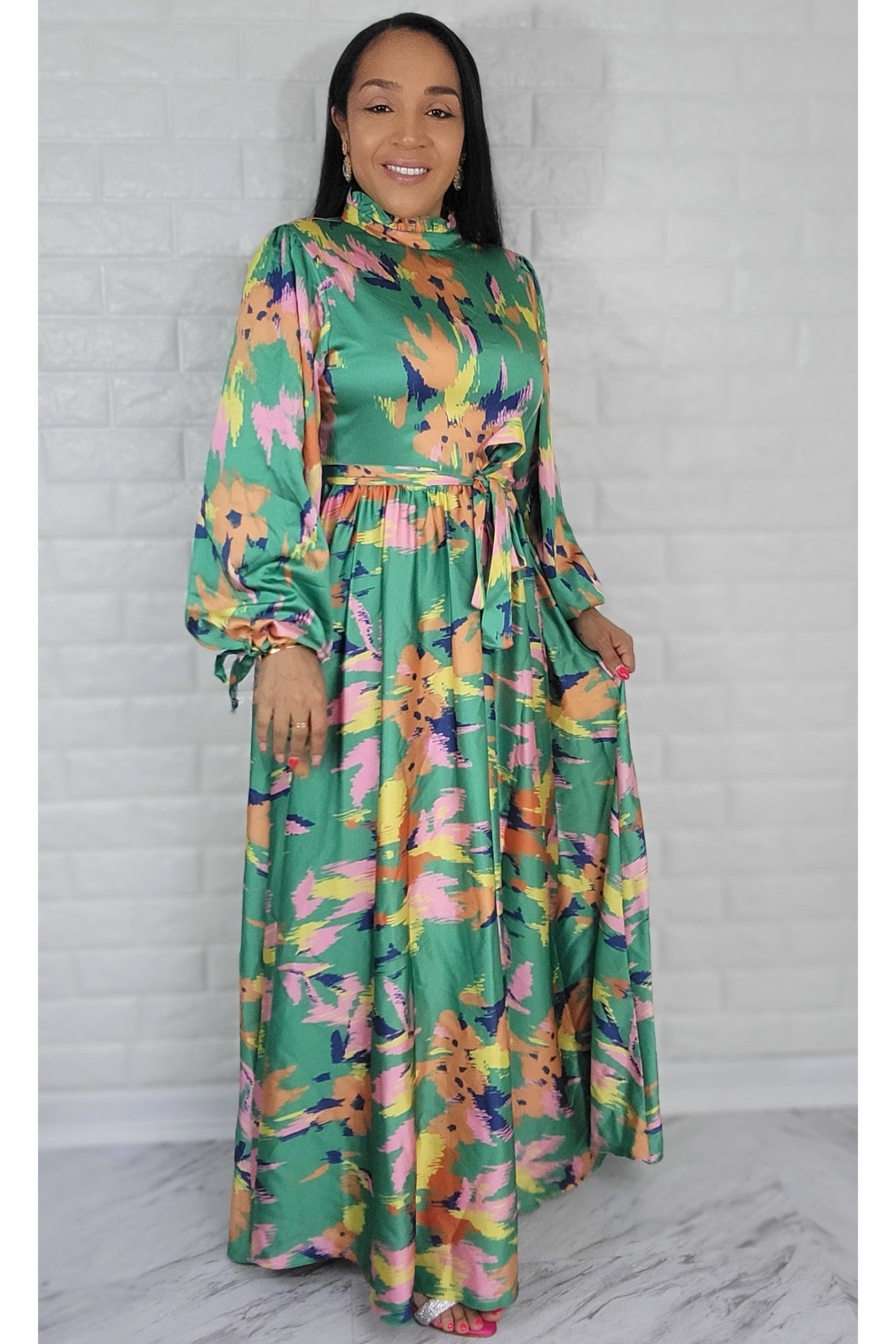 05032022 The Green Colorful Garden Long Sleeve Maxi Dress