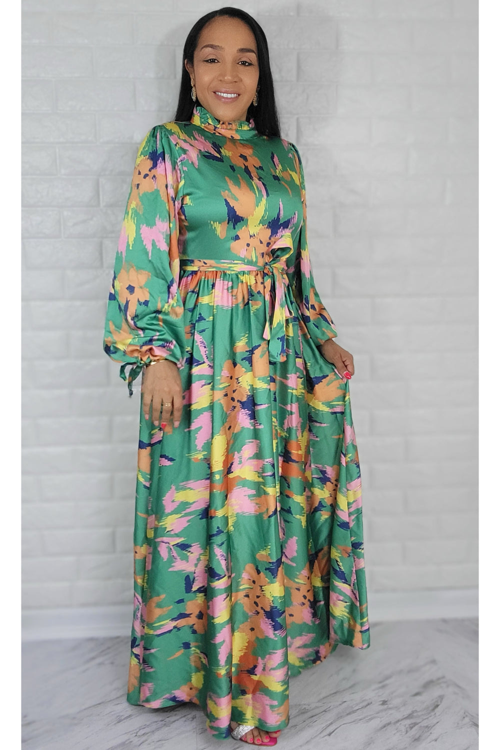 05032022 The Green Colorful Garden Long Sleeve Maxi Dress