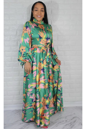 05032022 The Green Colorful Garden Long Sleeve Maxi Dress