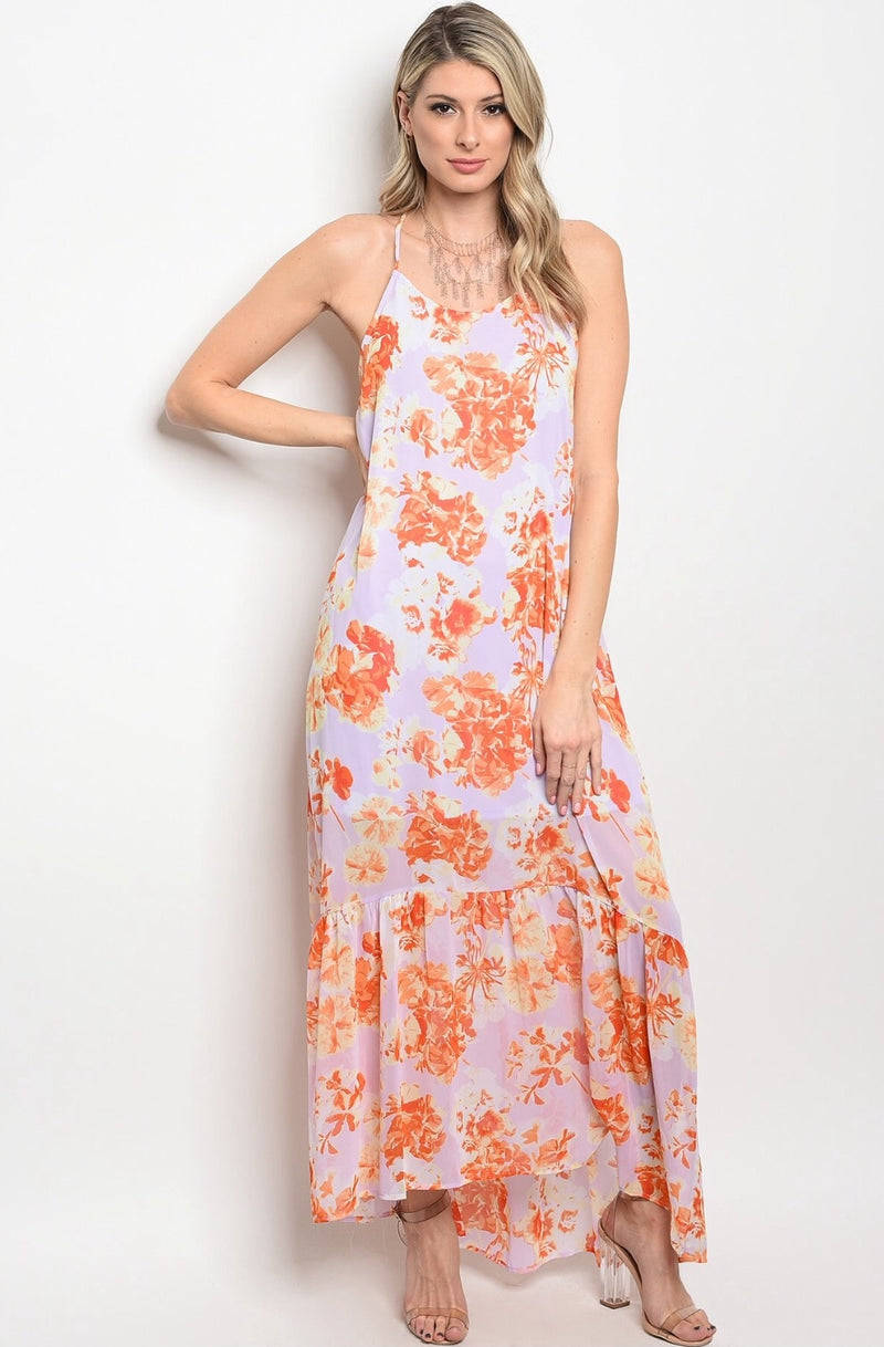 Lilac/Orange Florals Maxi Dress