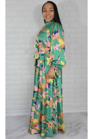 05032022 The Green Colorful Garden Long Sleeve Maxi Dress