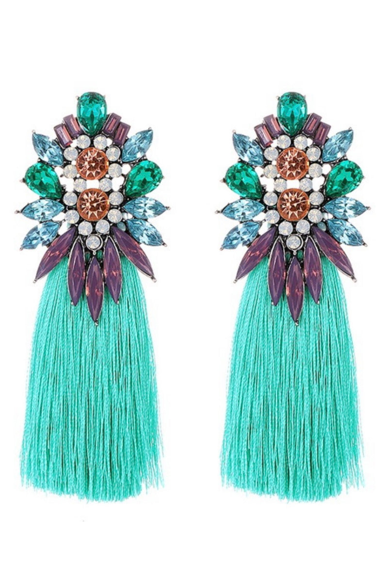 061322 Turquoise Big Crystal Flowers Rhinstone Tassel Earrings