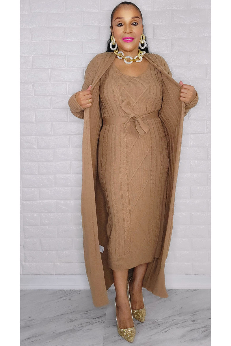 121522 Caramel Belted Knitted Dress/Cardigan Set One Size Fit All
