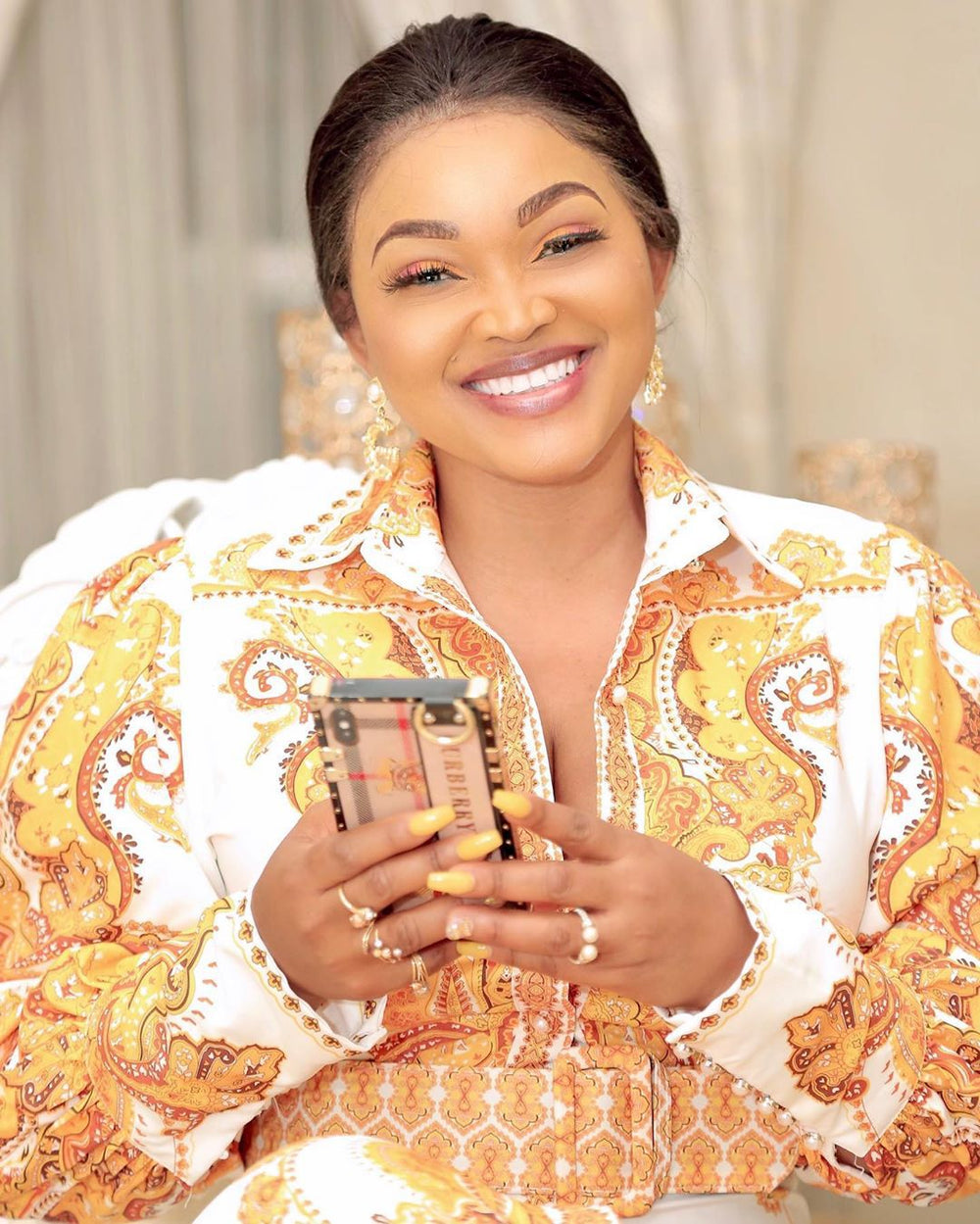 10052021 White & Gold Multi Print Long Sleeves Dress