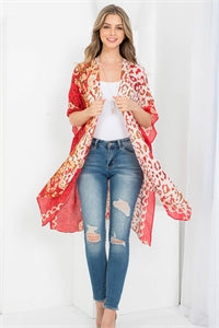 03242022 RED MULTI PATTERN LEOPARD PRINT OPEN FRONT KIMONO